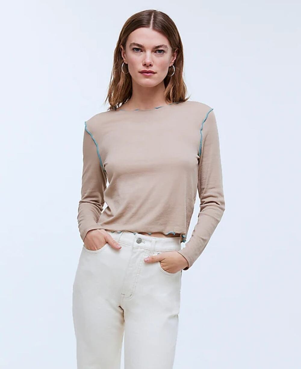 Madewell Contrast-Stitched Crewneck Crop Tee dark oat XXS